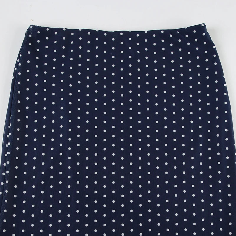 Cyflymder  Casual Dot Printed Mesh Skirts See Through Slim Mid-Waisted Straight Skirts Women 2025 Summer Fashion Holiday Streetwear