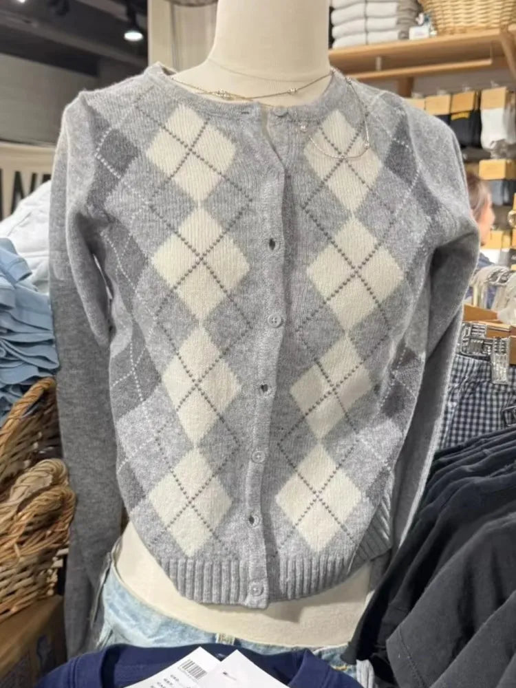 Cyflymder  New Diamond Jacquard Button Sweater Coat Women Autumn Slim Cotton O-neck Casual Jumper Tops Sweet Chic Preppy Style Cardigan