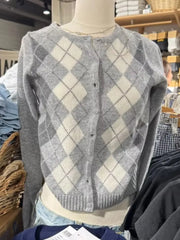 Cyflymder  New Diamond Jacquard Button Sweater Coat Women Autumn Slim Cotton O-neck Casual Jumper Tops Sweet Chic Preppy Style Cardigan