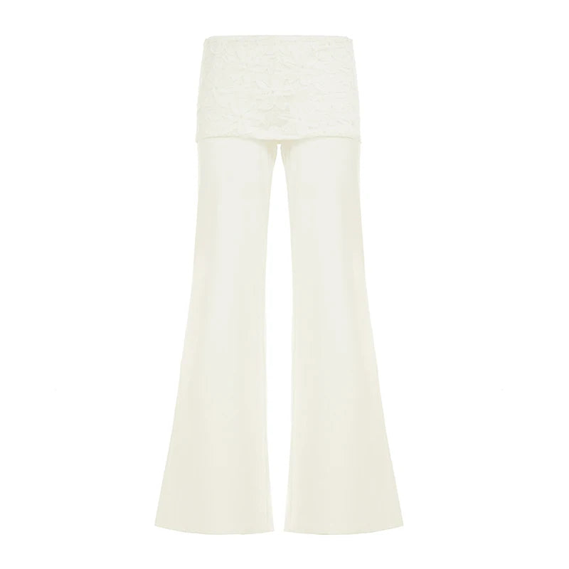 Cyflymder  Elegant Folds Lace Patchwork Waist Flared Pants Office Ladies White All Match Casual Full Length Trousers Fashion Bottom