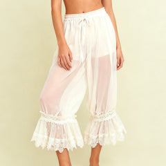 Cyflymder  Fashion Women Long Bloomer Pants Lace Patchwork Drawstring Elastic Waist Victorian Capri Pants Lounge Pettipants