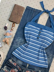 Cyflymder  Summer Sling T-shirt Y2k Crop Top Goth Punk Vintage Stripe Halter Sexy Woman Clothes Vest American Harajuku 2000s Tank Top Chic