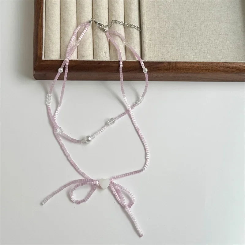 Cyflymder  Fashion Colorful Beaded Bowknot Love Heart Pendant Necklace for Women Girls Purple Double Layer Clavicle Neck Aesthetic Jewelry