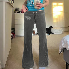 Cyflymder  Velvet Low-rise Bootcut Pants Sexy Millennium Girl Hearts Embellied Dstring Lazy Leisure Pants Slimming Trendy