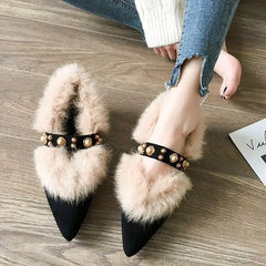 Cyflymder   Trendy Fur Shoes Women's Autumn/winter Outerwear New Style Versatile Pointed Mid Heel Coarse Heel Shoe Hopping Bean Shoes