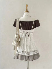 Cyflymder  Summer Sweet Vintage Skirt Set Women Sexy Off Shoulder Bow Tops + Cute Outerwear Lace Strap Vest + Y2k Retro Plaid Mini Skirt