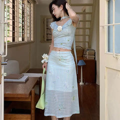 Cyflymder  Sweet Style, Off-shoulder Strap, One-shoulder Top, Plaid Skirt, Women's Korean Casual Summer Suit