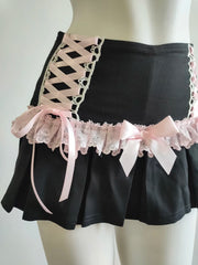 Cyflymder   Cute Pleated Skirts for Sweet Girls High Waist Lace Trim Pink Bow Lolita Style A-line Mini Shorts Skirt Summer