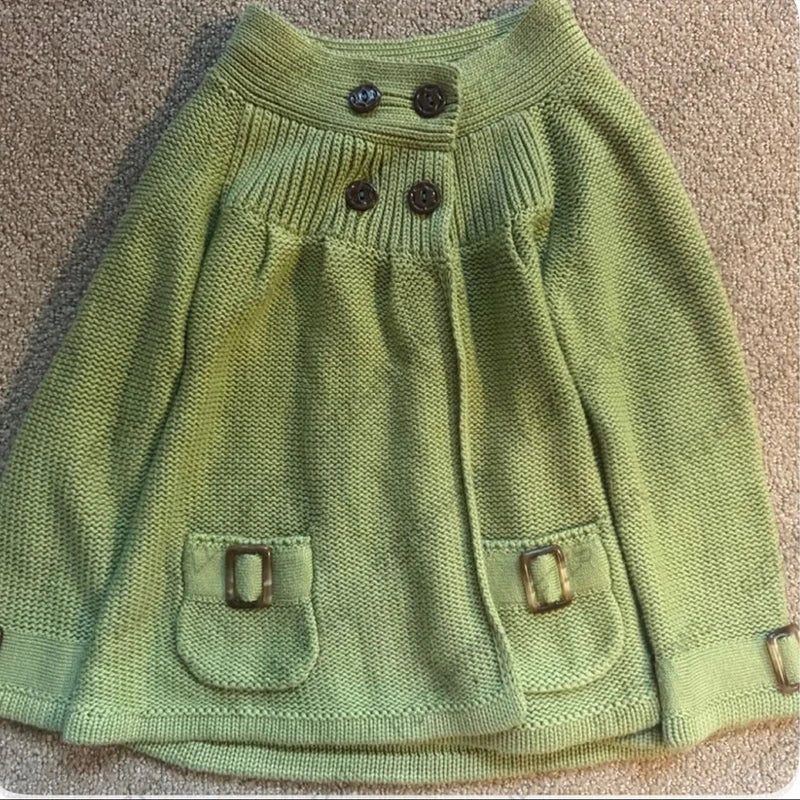 Cyflymder  Women Vintage Green Knit Cardigan A-line Swing Coat Buckle Pockets Thick Soft Knit Autumn Warm Outerwear