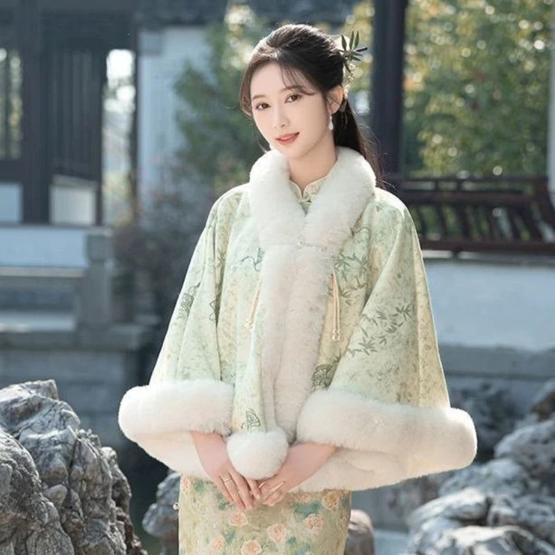 Cyflymder  Vintage Elegant Lolita Style Plush Hooded Cloak Women Sweet Black White Plaid Tassel Shawl Japanese Thicken Warm Ponchos Coats