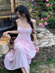 Cyflymder  Pink Summer Sexy Long Dress Women Fashion High Waist Sleeveless Solid Straps Dress Casual Elegant Party  Lady Dresses
