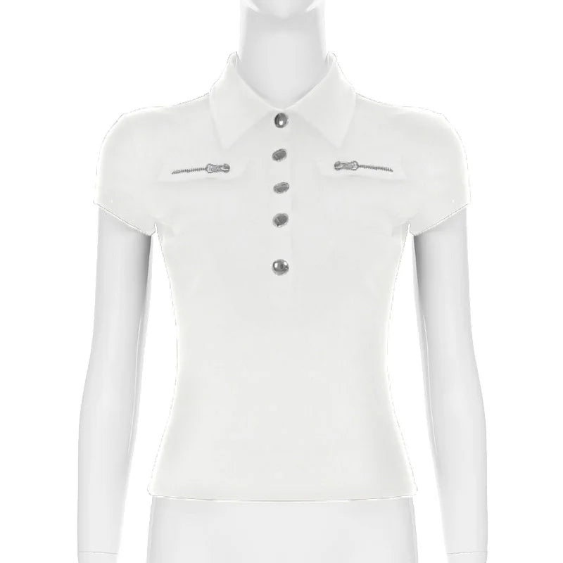 Cyflymder  Y2k Streetwear Solid Blouse for Women Zipper Pocket Button Turn-down Collar Short Sleeve T Shirt Korean Summer Clothing