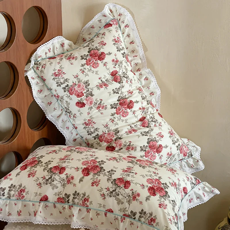 Cyflymder  Rustic Vintage French Rose Floral Ruffles 100% Cotton Bedding Set Duvet Cover Set Flat/Fitted Bed Sheet Pillowcases 4Pcs