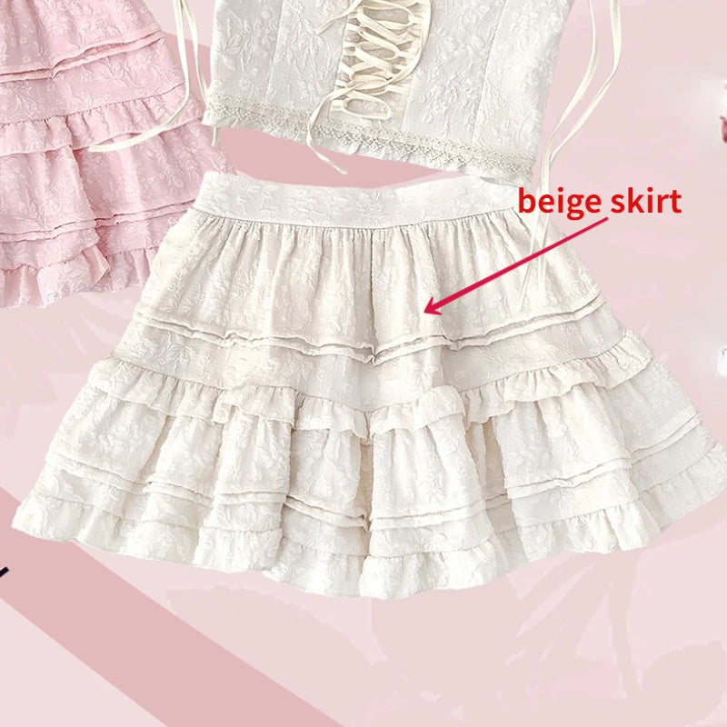 Cyflymder DRESS TO IMPRESS Autumn Kawaii Lolita Style Pink Skirt Sets Women Sweet Lace Bandage Tank Top Cute Mini Cake Skirt Chic Jacquard Relief Rose Suit