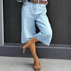 Cyflymder   Women's Jeans Cotton Washed Mid Waist Denim Pants Wide Leg Light Wash High Waisted Denim Trousers Button Fly Cropped Length