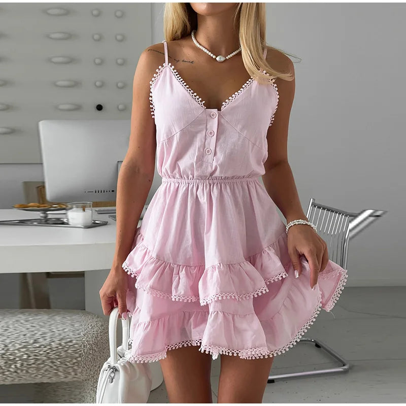 Cyflymder  Sexy Multi-layer Ruffles Backless Puffy Dress Women Sleeveless High Waist Strap A-line Solid Dresses 2025 Summer Street Vacation