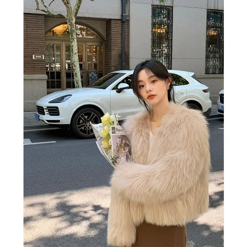 Cyflymder Autumn and Winter New Imitation Fox Fur Grass Women's Winter Short Style Temperament Coat Thick Open Collar Plush Jacket