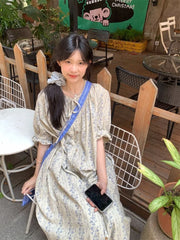 Cyflymder  Woman Dress Vintage Floral Printed Puff Short Sleeve Loose Spring Summer Single Breasted Vintage Elegant Dress Sweet