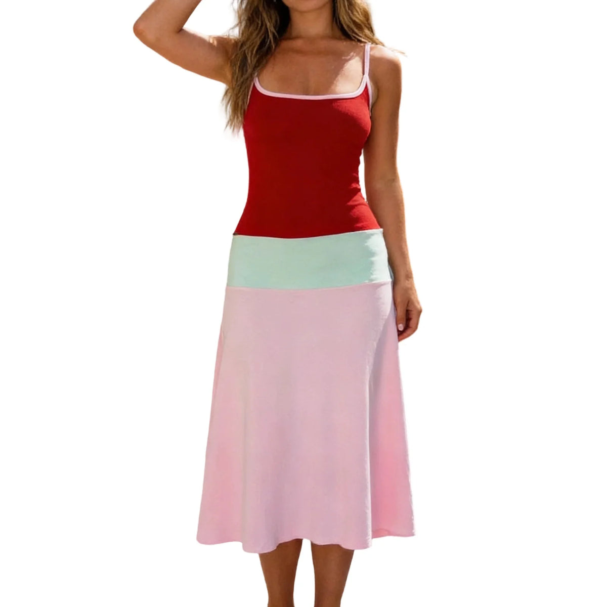 Cyflymder  Summer New Women's Contrast Color Long Dress Sexy Ladies Sleeveless Spaghetti Strap Fit and Flare Dress Vacation Dresses
