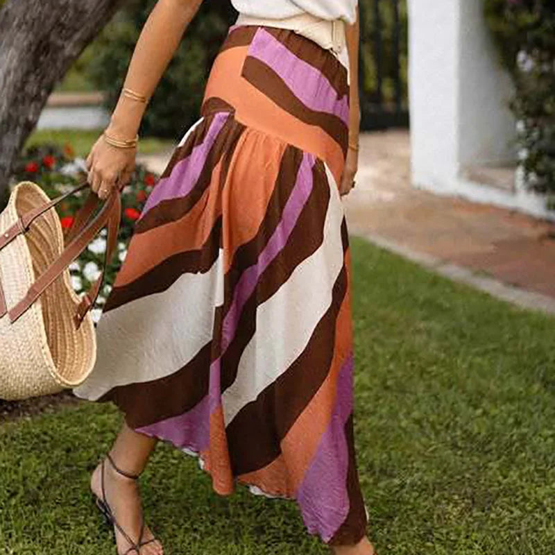 Cyflymder  Spring Summer Loose Commuting Half Skirt 2025 Vacation High Waist Party Skirt Casual Bohemian Striped Printed Women's Long Skirt
