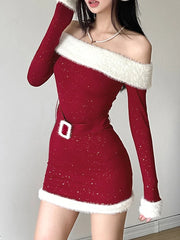 Cyflymder Christmas Party Dress Slim Patchwork Fur Trim Bodycon Dress With Belt Casual Slash Neck Long Sleeve Mini Dresses Women