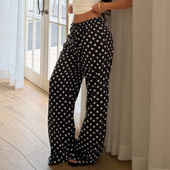Cyflymder  Casual Polka Dot Print Elastic Waist Pants Women's Straight Leg Full Length Woven Trousers Vacation Style Beach Bottoms Fashion