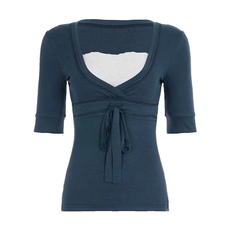 Cyflymder  Elegant Fashion Square Neck Lace Patchwork T-shirts Women Slimming With Bow Half Sleeve All Match Top Tee Summer Clothes
