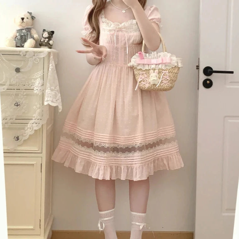 Cyflymder Sweet Elegant Lolita Mini Dress Women Japanese Kawaii Cute Lace Square Neck Fairy Dresses Korean Summer Party Princess Dresses