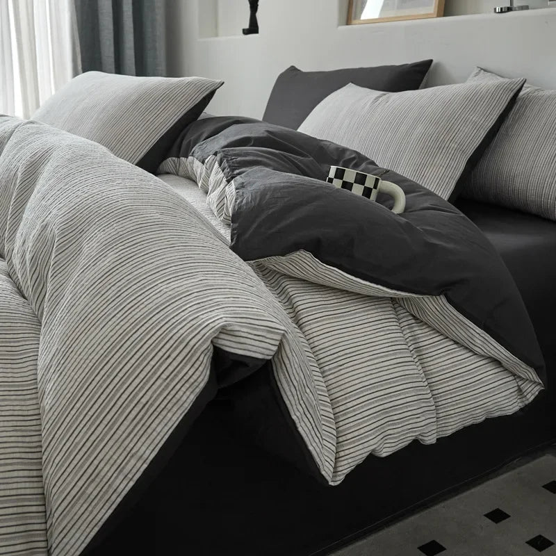 Cyflymder  Nordic Style Pure Cotton Jacquard Bedding Set Super Soft Skin Friendly Striped Duvet Cover Kit Adult Home Bedclothes for Seasons