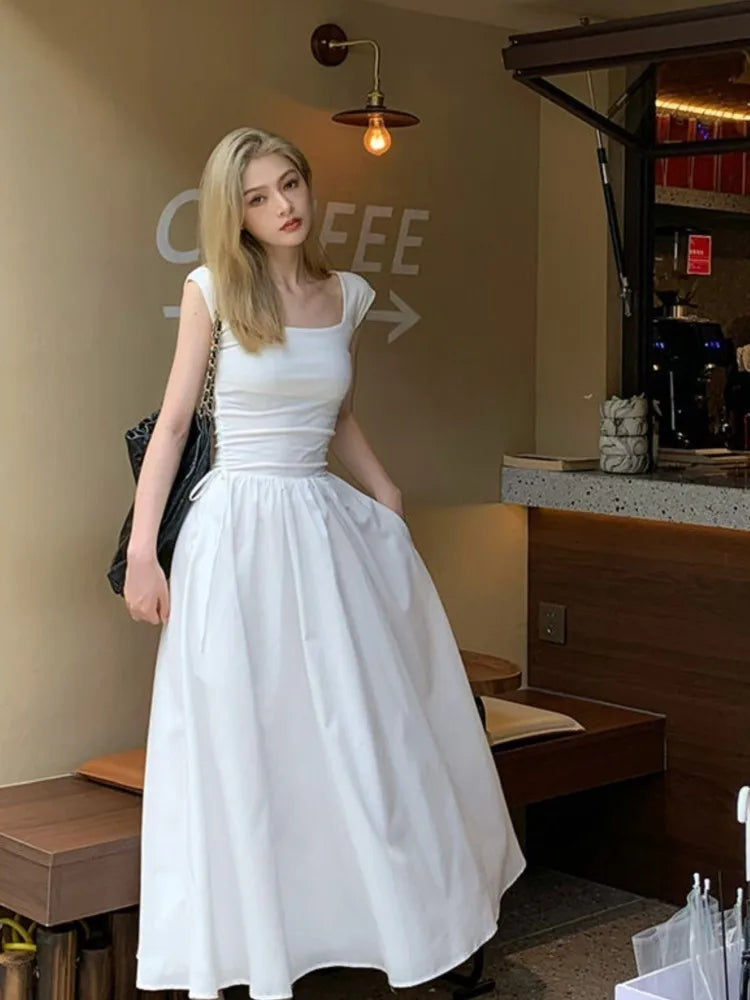 Cyflymder  Summer Elegant Cotton Midi Dress Korean Short Sleeve Beach Style Sundress Party Even Office Lady Sexy Corset Dress Women