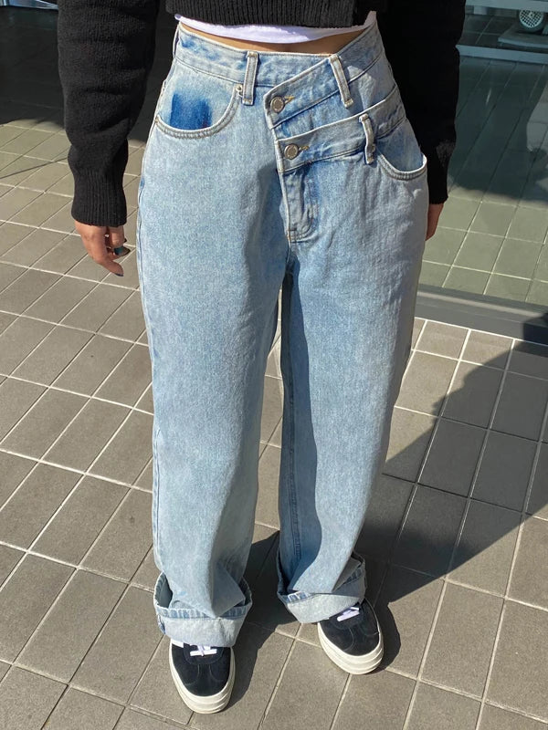 Cyflymder  High Waist Asymmetric Two Button Vintage Straight Leg Wide Leg Casual Jeans Women's Chic Spring New Sle Casual Loose Fit