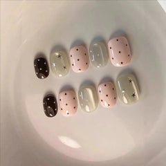 Cyflymder  10Pcs Handmade Wearing False Nails Pink Polka Dot Star Cat-eye Designs Short Round Square Nail French Shiny Nail Tips Art Spring