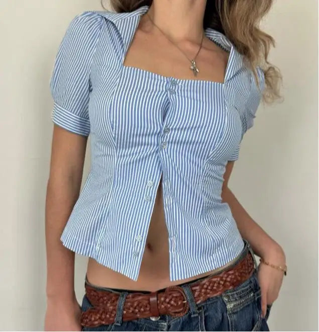 Cyflymder  Women's Summer Stripe Print Shirt Short Sleeve Lapel Button Down Slim Fit Tops Streetwear