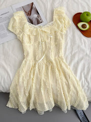 Cyflymder  Sweet Slim Yellow Dress Women Elegant Vintage Square Collar Mini Dress French Retro Puffy Sleeve Lace Patchwork Vestidos