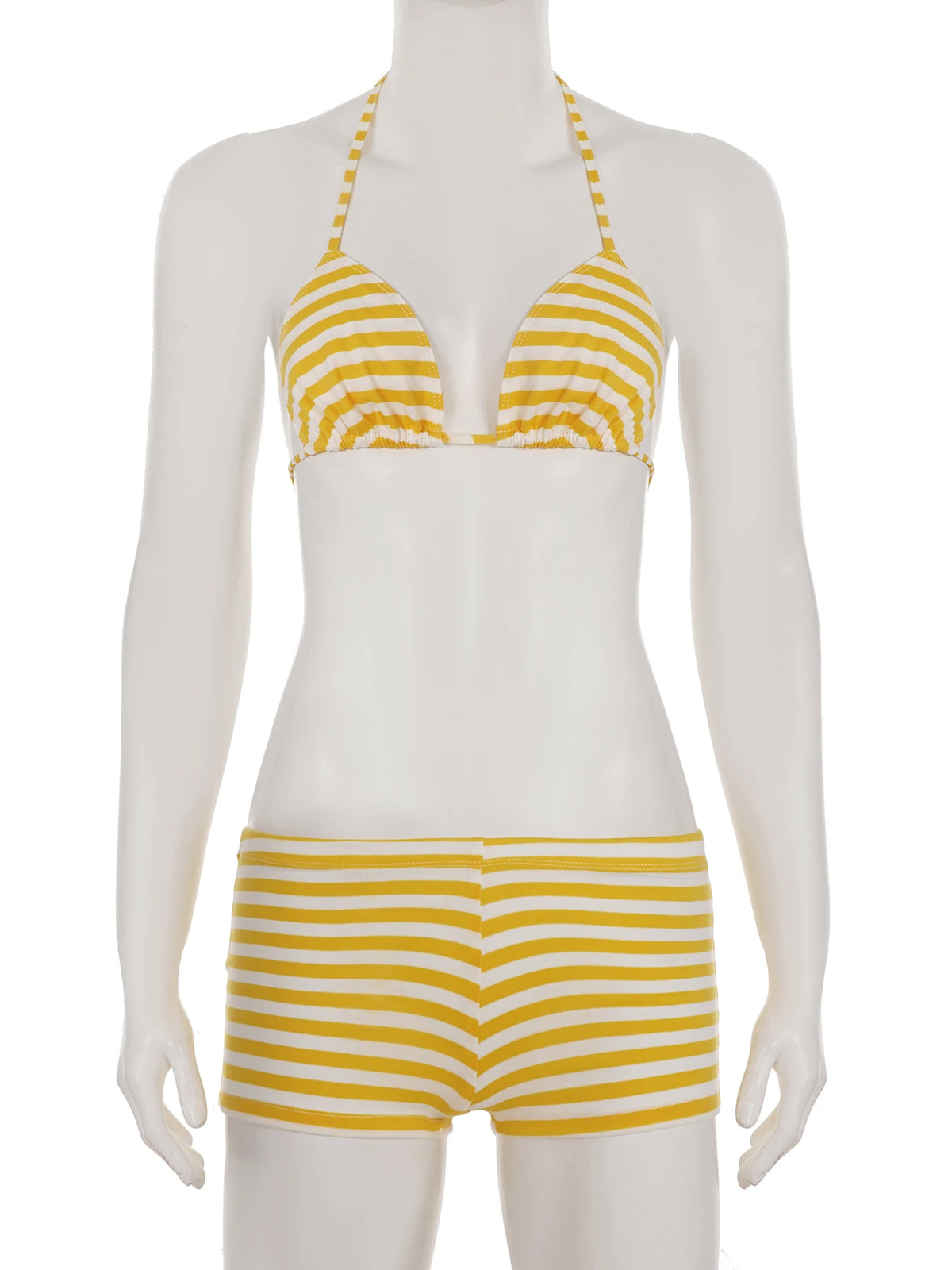 Cyflymder  Beach Style Striped Bikini Sets Holiday Sexy Bandage 3 Piece Sets Backless Brief Halter Tops Low-Waisted Pantys Shorts