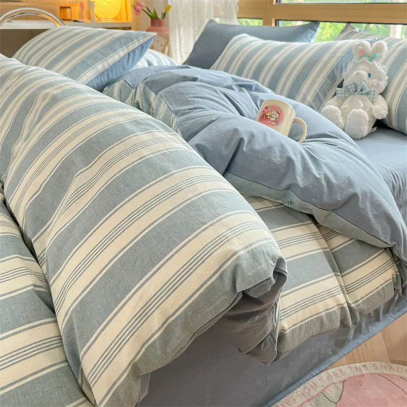 Cyflymder  Class A 100% Cotton Striped Bedding Sets Yarn Dyed Washed Cotton Breathable Duvet Cover Kit Single Bedclothes for All Seasons