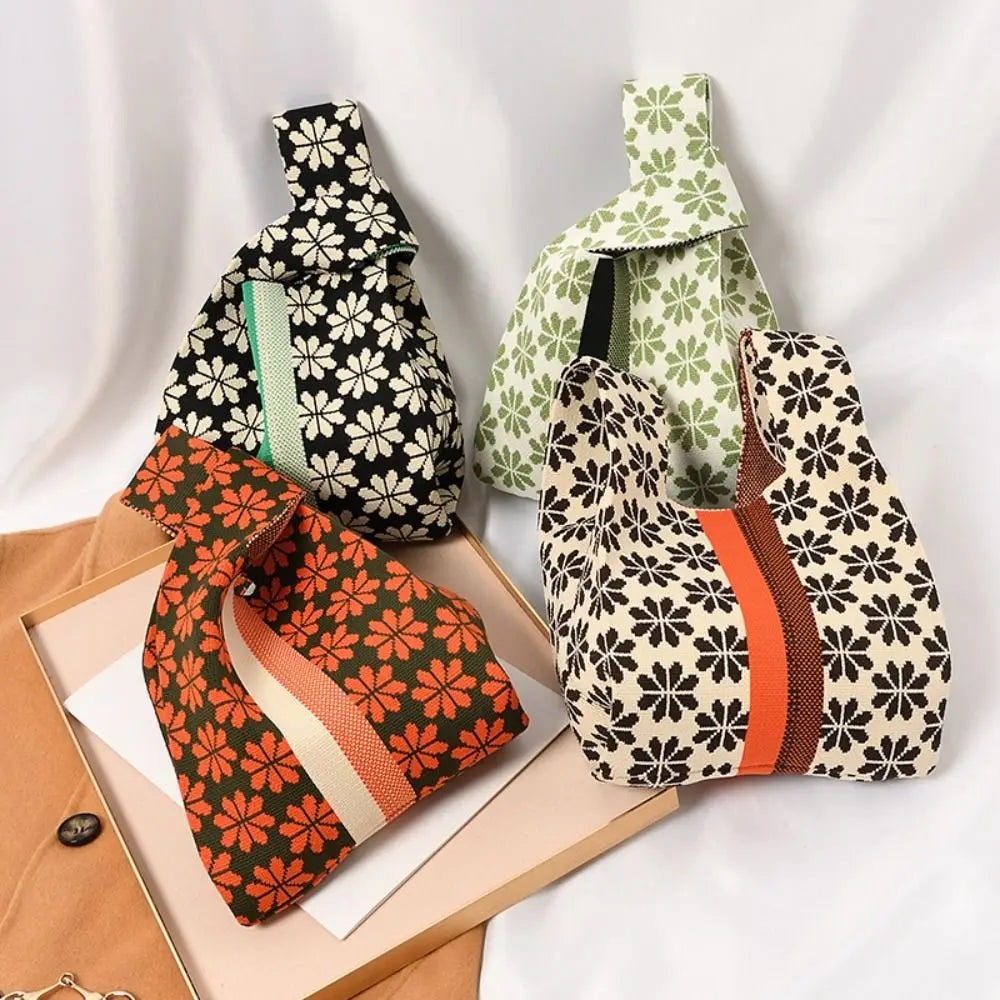 Cyflymder Handmade Knit Handbag Women Mini flower Knot Wrist Bag Japanese Casual Color Tote Bag Student Reusable Shopping Bags