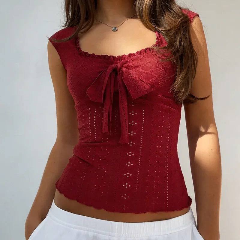 Cyflymder  European and American Sexy Solid Color Bow Tie Vest Square Neck Sleeveless Hot Girl Casual Short Top for Women