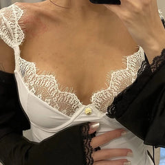 Cyflymder  Chic Sexy Eyelash Lace Trim Straps Low-cut V Neck Slim Fit Fashion Women Casual Solid Color Perspective Tank Top Vests