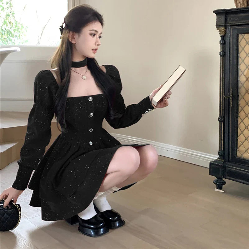 Cyflymder NEW YEAR DRESS TO IMPRESS Long Sleeve Velvet Dress Women Princess Square Collar Autumn Buttons Ruffles Bling Design Fashion Temper Elegant Seductive New