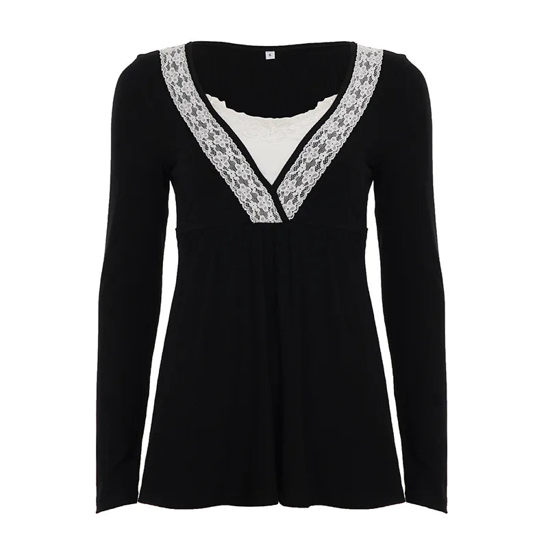 Cyflymder  Vintage Slim Fake Two Piece Lace Patchwork All Match Solid o neck long sleeve T-Shirts