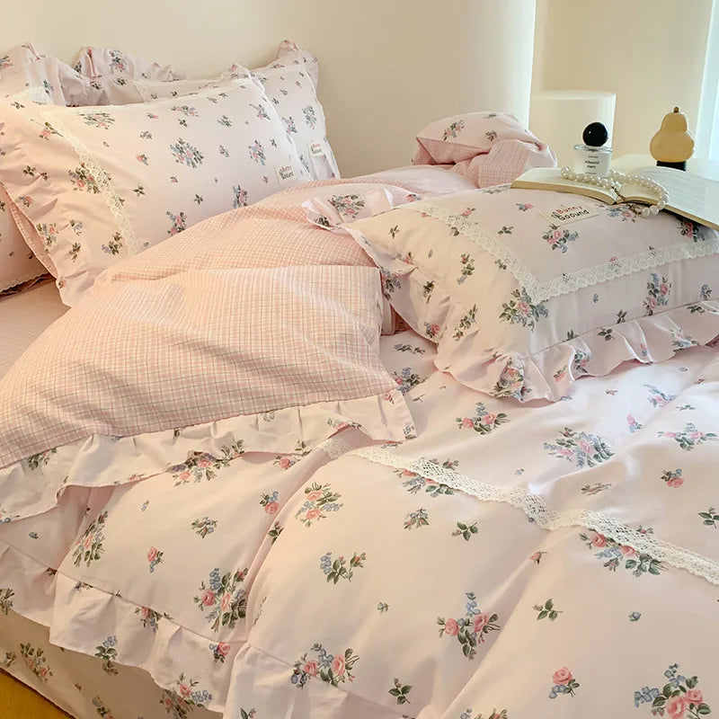 Cyflymder  100% Cotton Spring Garden Flowers Botanical Chic Ruffles Soft Comfortable Double Queen (1Duvet Cover+1Bed Sheet+2Pillowcases)