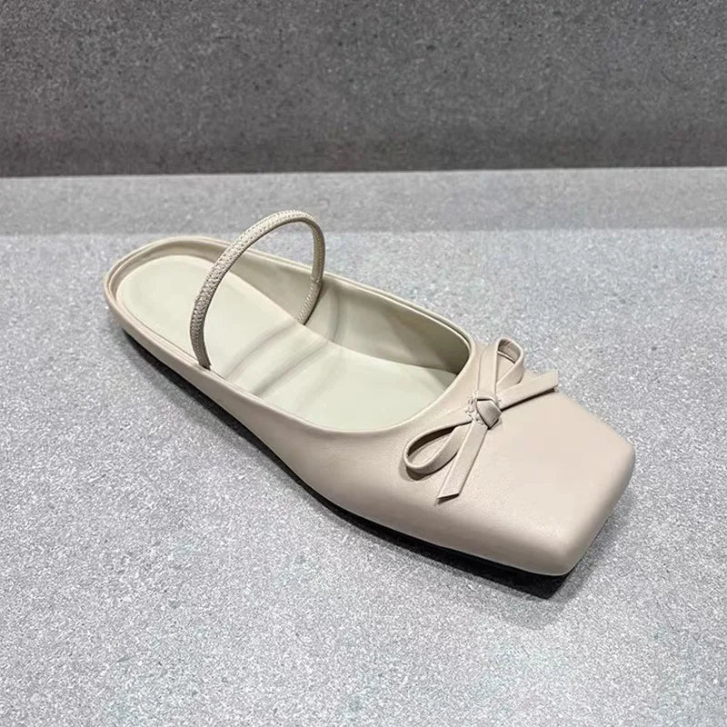 Cyflymder   Summer Elegant Black Square Toe Ballet Flats Shoes Women Butterfly Knot Slip On Comfy Walking Mules Shoes Outdoor Slides