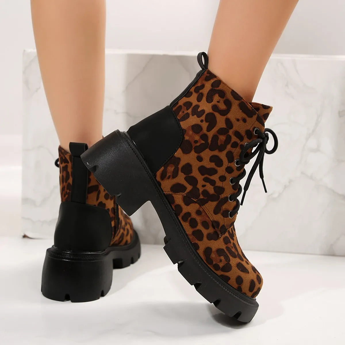 Cyflymder Sexy Leopard Ankle Boots for Women Autumn Winter Low Square Heels Plus Size 43 Short Booties Shoes Woman Motorcycle Boots