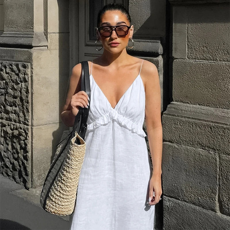 Cyflymder  Sexy Deep V-Neck White Suspender Dress Women Fashion Ruffle Folds Long Robe Spring Summer New Beach Holiday Casual Loose Dress