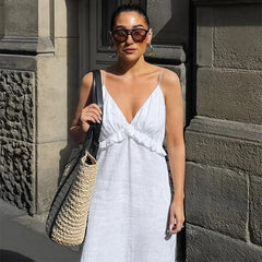 Cyflymder  Sexy Deep V-Neck White Suspender Dress Women Fashion Ruffle Folds Long Robe Spring Summer New Beach Holiday Casual Loose Dress
