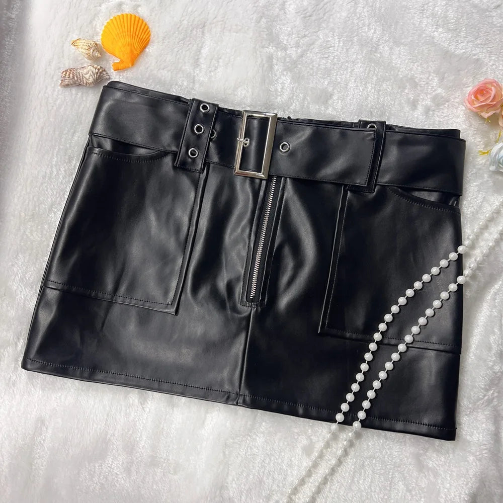 Cyflymder   Women Fashion Grommet Belt PU Leather Wrap Hip Mini Skirts Pockets Low Waist Zipper Y2K Night Clubwear Bottoms Streetwear