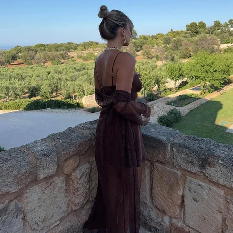 Cyflymder  Sexy Lace Coat Slip Dress Set Women Solid See Through Long Blouse Sleeveless Backless Short Dresses 2025 Fashion Summer Fall Set