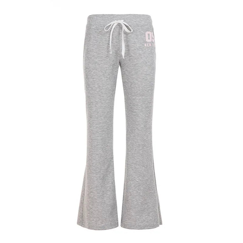 Cyflymder  Letter Print Slim Casual Flare Pants Women Fashion Drawstring Low Wait Peach Hip Boot Cut Trousers Streetwear Bottoms Sweatpants