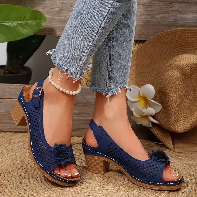 Cyflymder  Summer Fashionable Floral Thick High Heels Sandals for Women Strap Hollow Large Size Women's Shoes Platform Sliding Sandals